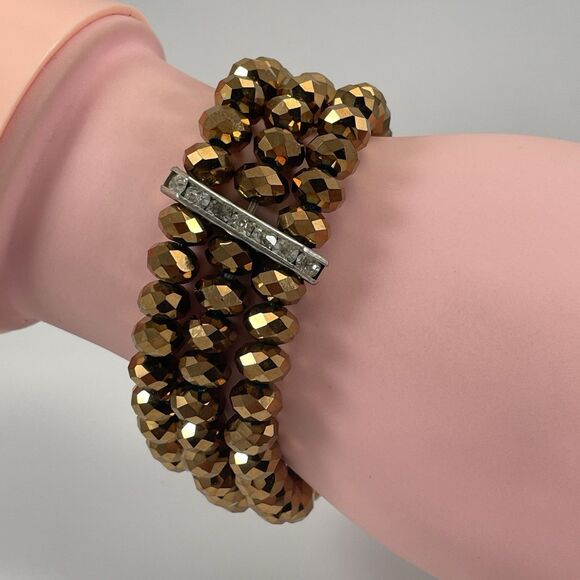 Metallic Gold Glass Beaded Multi Layer Stretch Bracelet Statement Bold Stacking - Picture 3 of 6